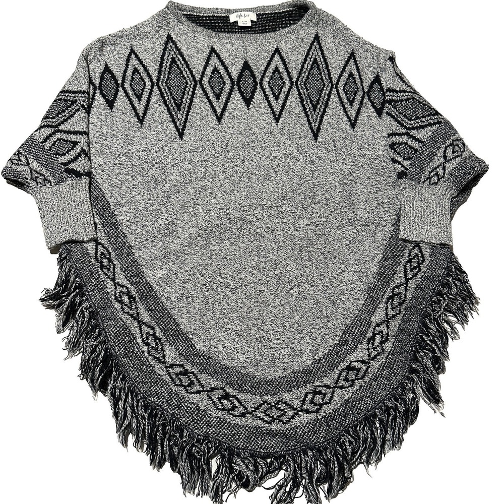 Style & Co Grey Black Geometric Knit Fringe Poncho Sweater Womens Size S/M Boho